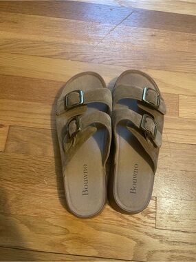 Women’s Double-Buckle Suede Slide Sandals in Brown
